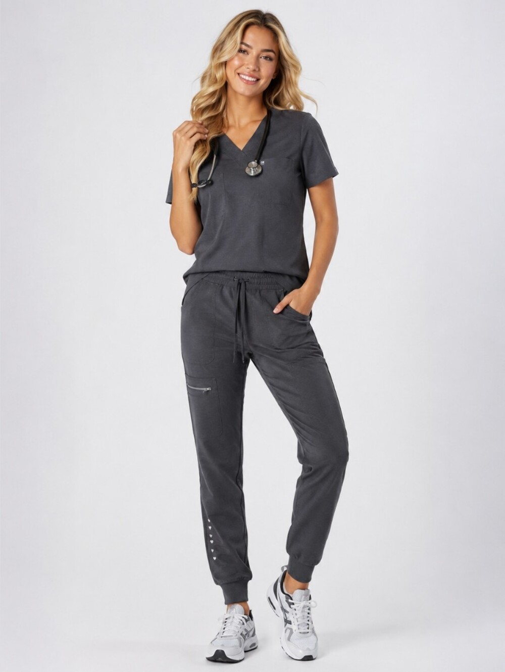 Women’s XS Petite Charcoal Gray Scrub Jogger Pants Heart Detail